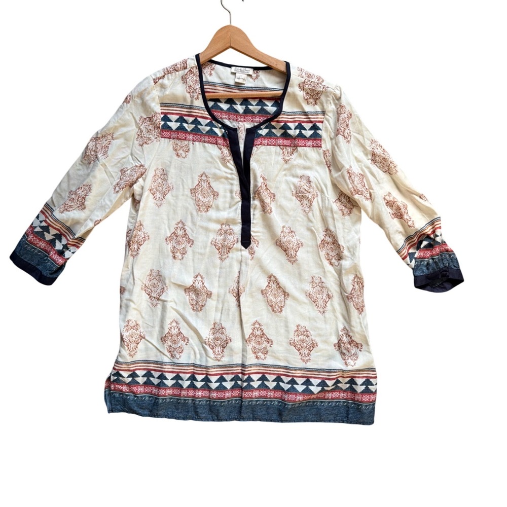 Lucky Brand Women's Tunic Top Size L Cream Red Blue Geometric Print 3/4 Sleeve